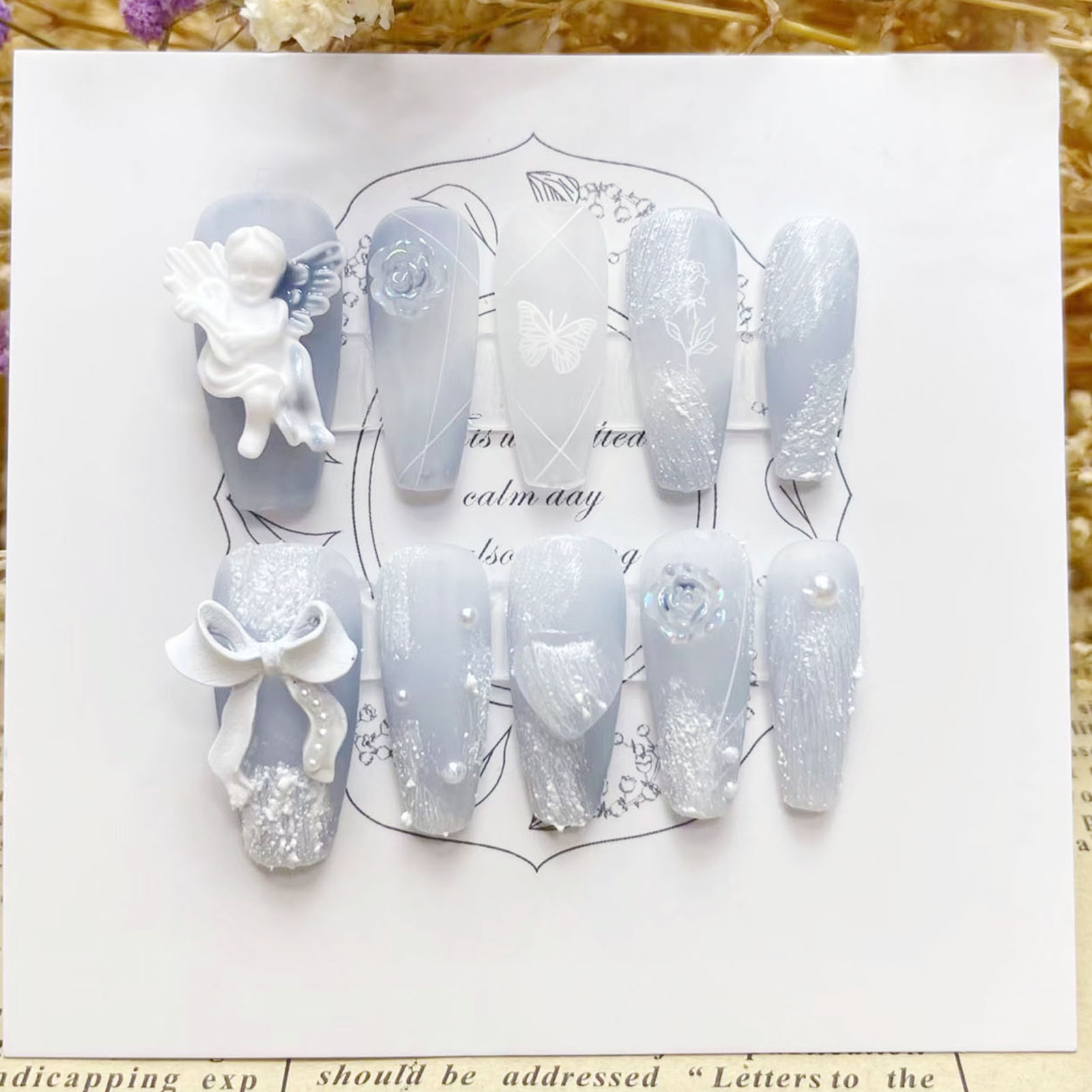 Nail Art Press On - 3D 석고 천사 가짜 손톱 광택