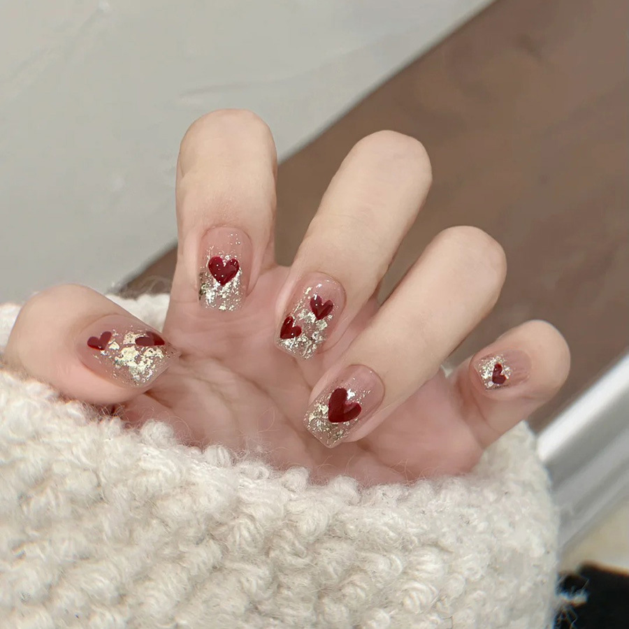 Nail Art Press On - 24개/세트 여성용 짧은 사각형 가짜 손톱,