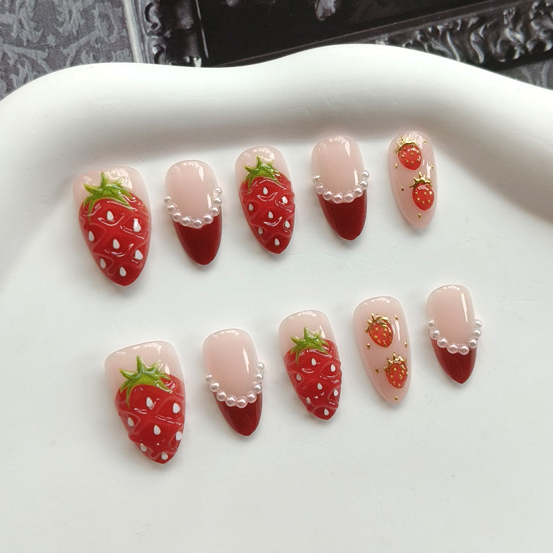 10개입 여성용 프랑스 스타일 3D 딸기, 금색, 빨간 - Nail Art Press On 리뷰 및 가격