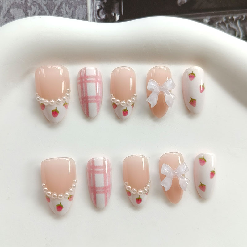 10개입 여성용 프랑스 스타일 3D 딸기, 금색, 빨간 - Nail Art Press On 리뷰 및 가격