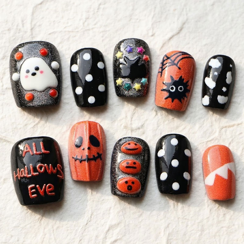 10개입 할로윈 유령 호박 프레스온 네일, 달콤하고 멋 - Nail Art Press On 리뷰 및 가격